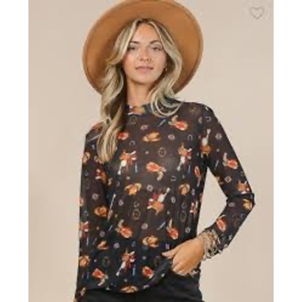Avery Apparel Company Sheer Mesh Western Print Mock Neck Top Black Small